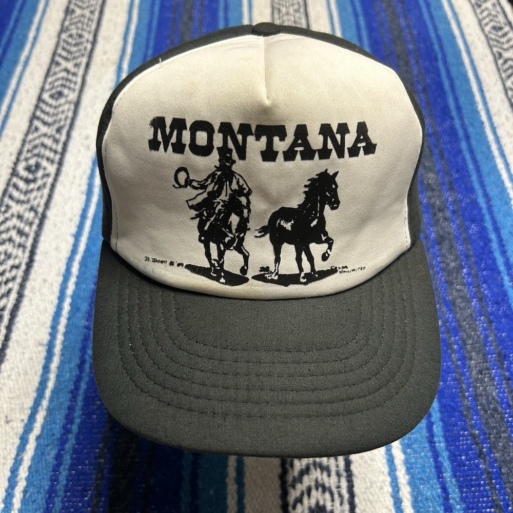 Vintage 80s Montana Cowboy Horse Trucker Hat Black White Snapback Western